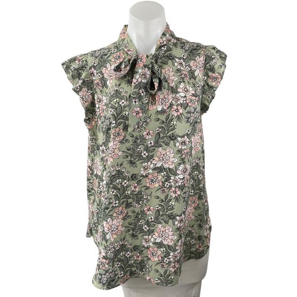 Ann Taylor LOFT Green Floral Ruffle Sleeve Tie Neck Bow Shirt Blouse Top Size M - Picture 1 of 4